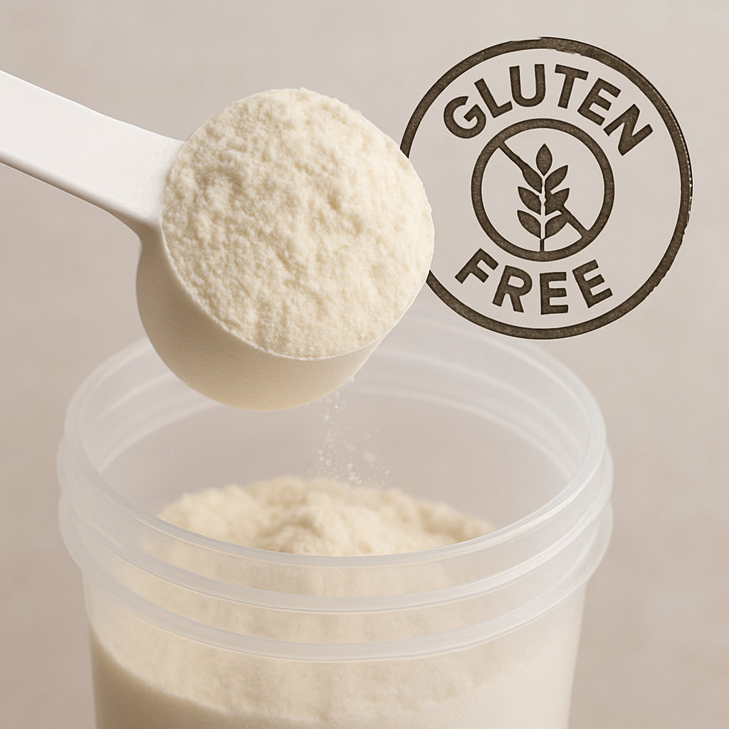 A close‑up of a whey protein isolate powder being scooped into a shaker bottle, with a subtle overlay of a gluten‑free certification badge. Alt: whey isolate gluten free powder close-up
