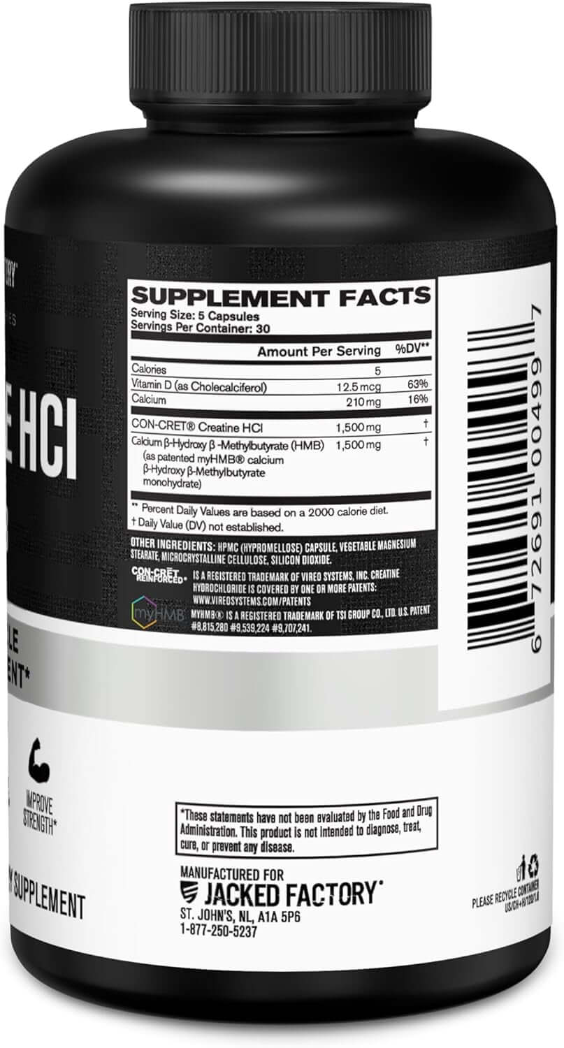 Jacked Factory Creatine HCL + HMB Capsules - Synergistic CON-CRET, Myhmb, & Vitamin D Formula for Improved Growth, Strength, & Reduced Muscle Breakdown - 150 Capsules