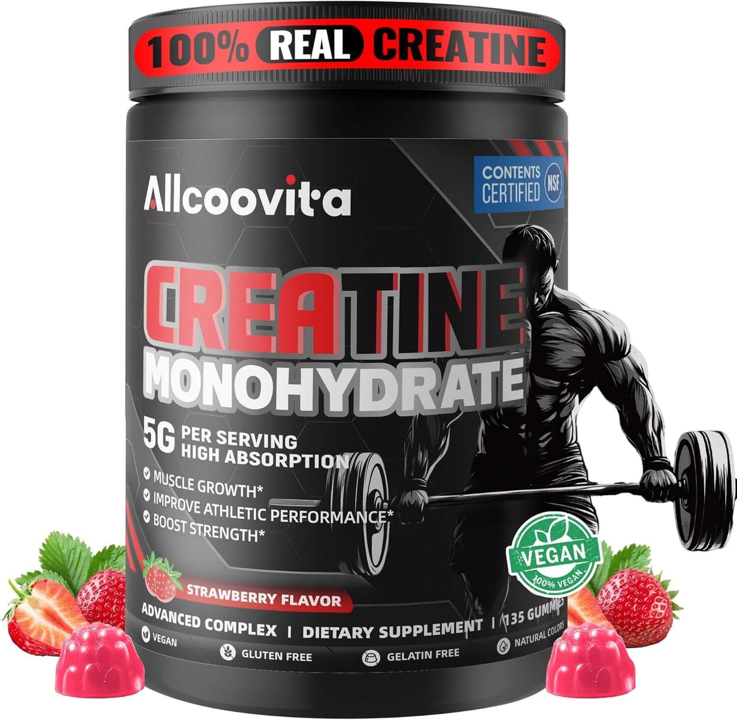 Allcoovita Creatine Gummy Supplement – 5g Low-Temp Cast Formula