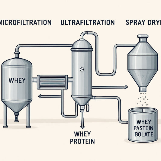 A high‑resolution illustration of a dairy processing plant showing microfiltration, ultrafiltration, and spray drying of whey protein isolate. Alt: whey isolate production process diagram