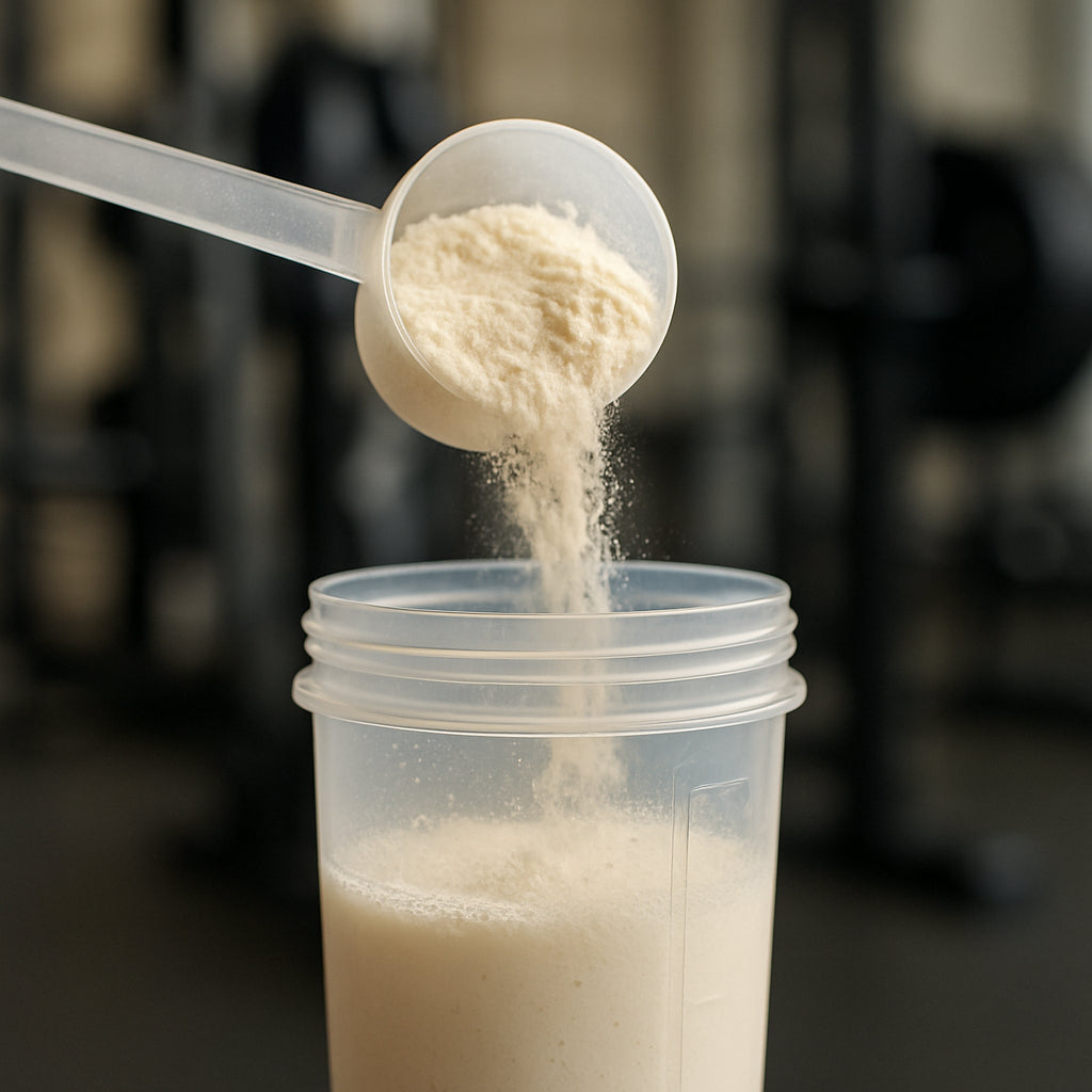 A high‑resolution photo of a scoop of lactose free whey isolate powder mixing into a clear shaker bottle, with a soft focus gym background. Alt: lactose free whey isolate protein powder mixing in shaker