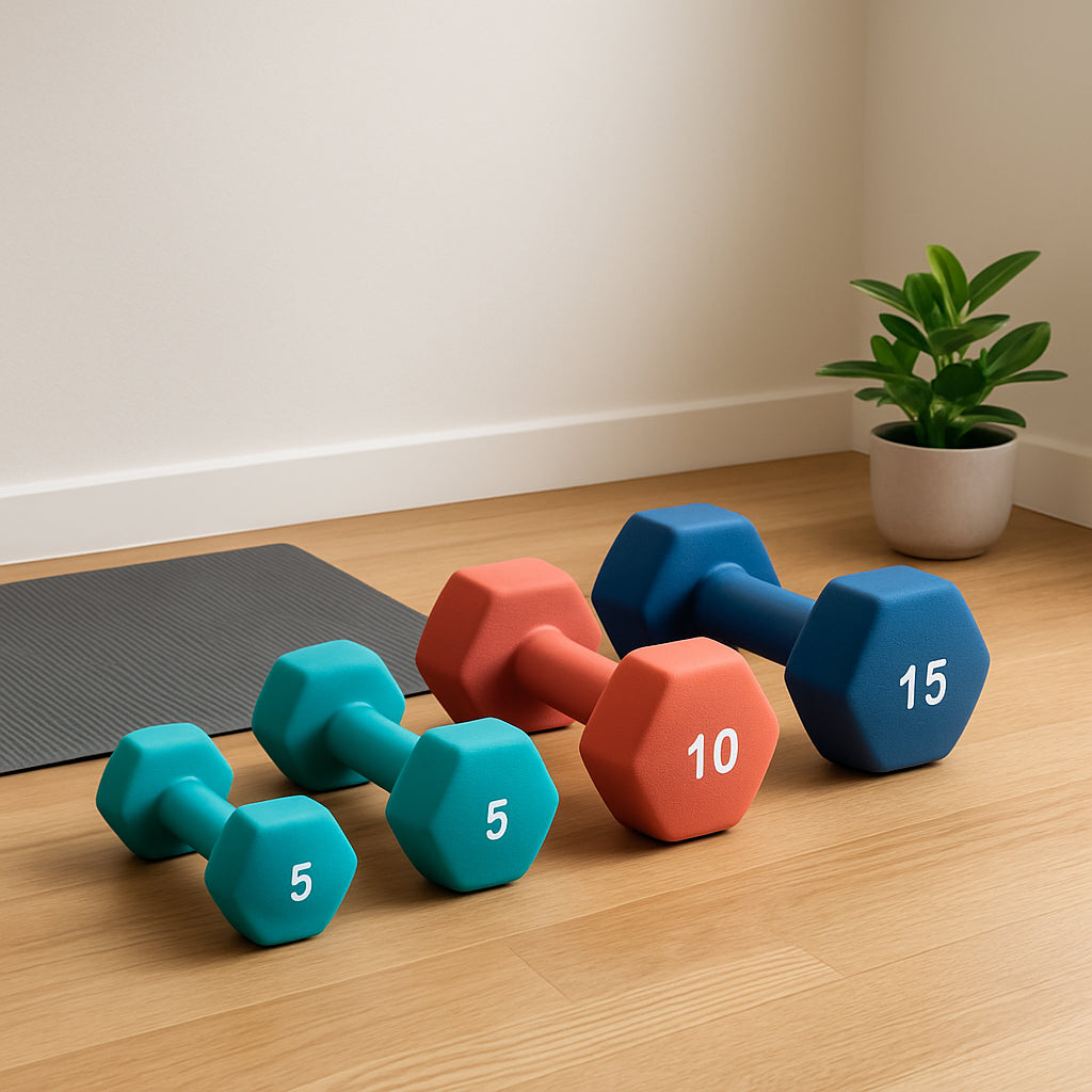 A bright home gym corner featuring a neoprene dumbbell set of 5, 10, and 15 lb on a wooden floor, with a yoga mat and a small plant. Alt: neoprene dumbbell set 5 10 15 home gym setup