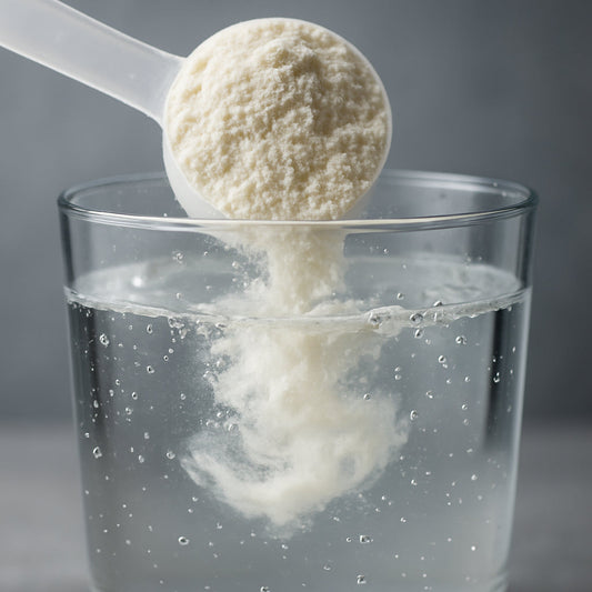 A close‑up of a scoop of whey isolate powder swirling into a clear glass of water, droplets sparkling. Alt: whey isolate lactose‑free protein powder dissolving in water