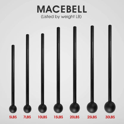 Set of black macebells with weight labels on a gray background
