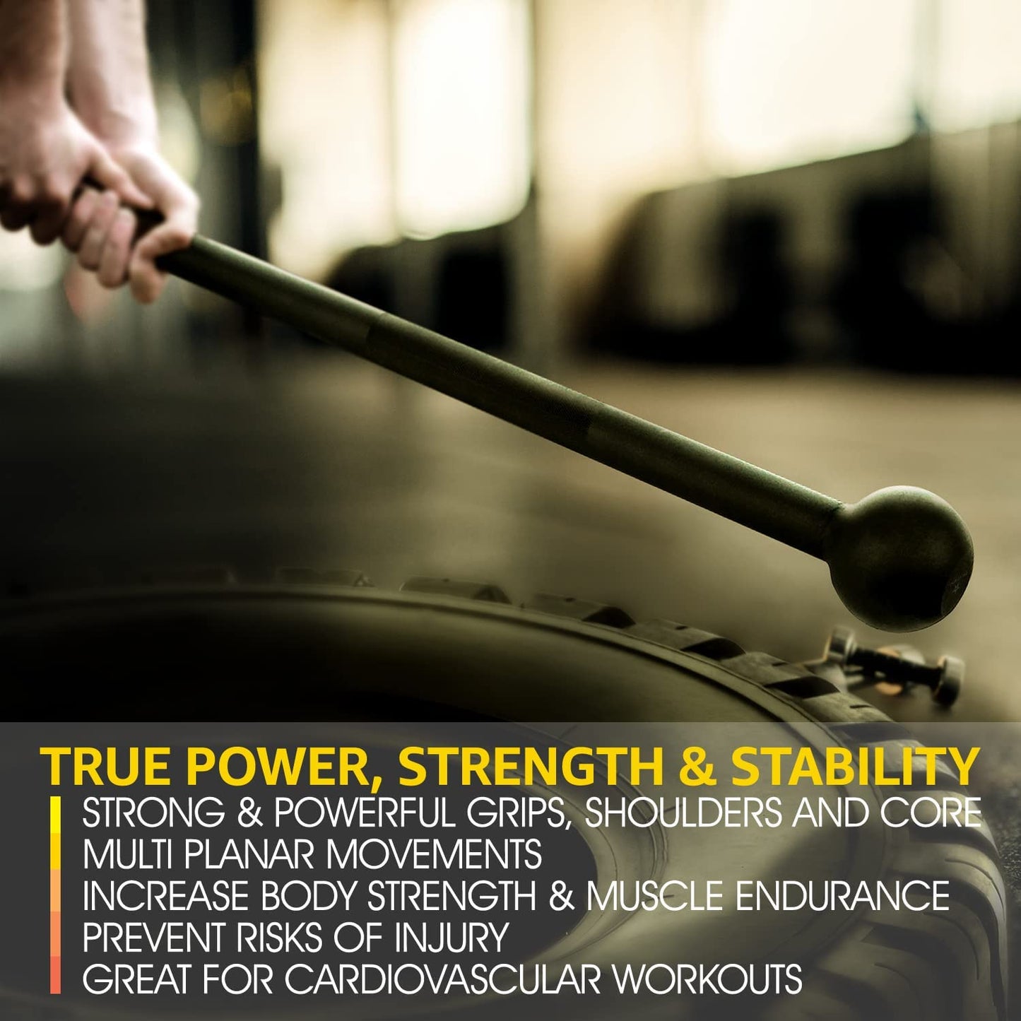 Hand holding a weightlifting barbell with text about power, strength, and stability.