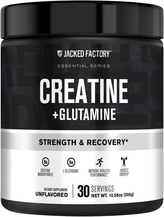 Jacked Factory Creatine + Glutamine - Creatine Supplement with L-Glutamine for Muscle Recovery, Muscle Growth, Increased Strength, Enhanced Energy Output, and Gut Health - 30 Servings, Unflavored