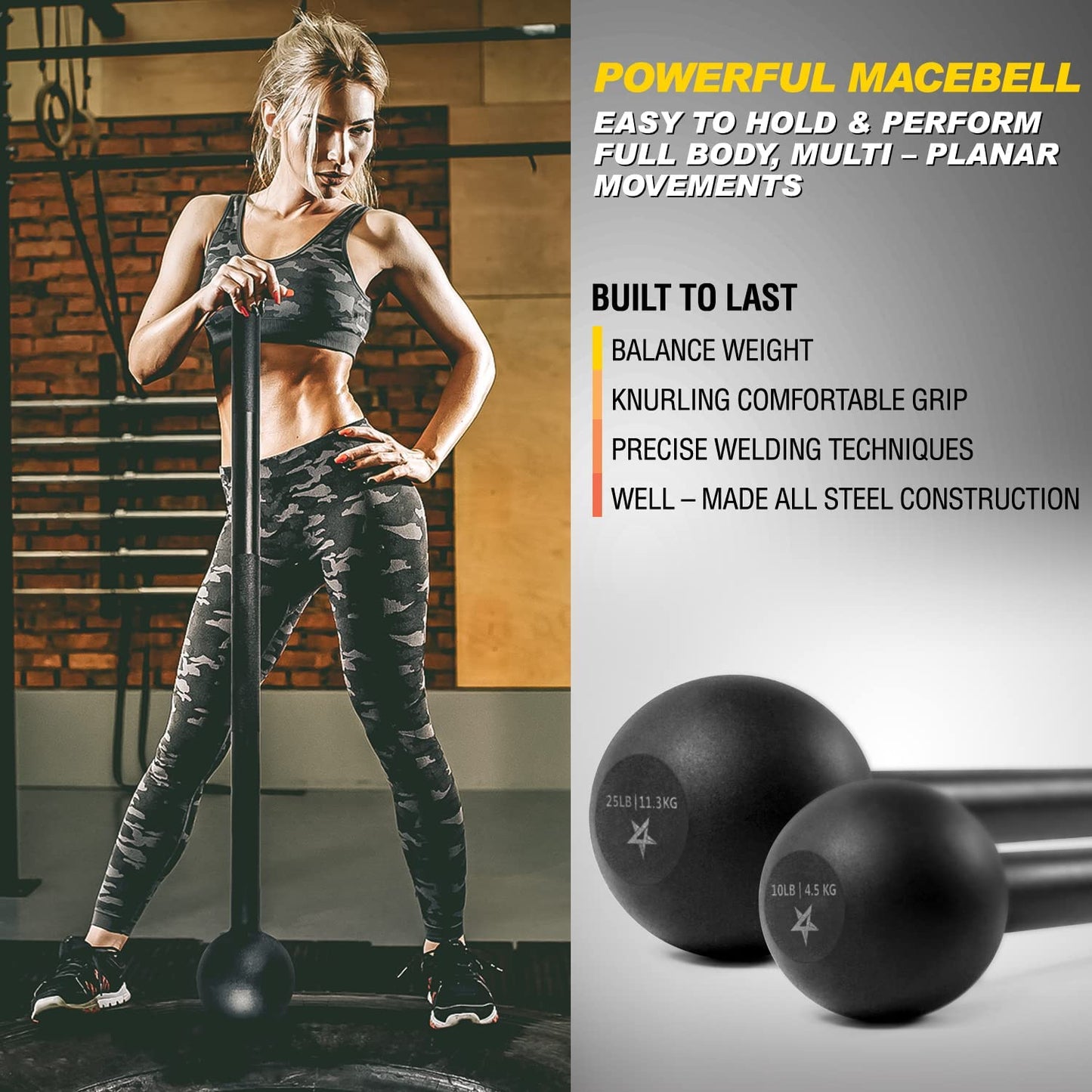 Woman exercising with a macebell in a gym setting, with product details on the right.