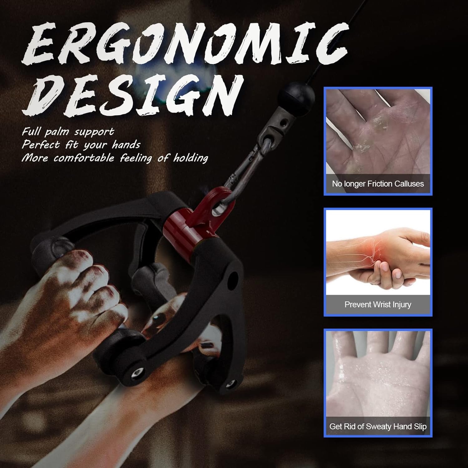 Ergonomic design product with text highlighting benefits on a dark background