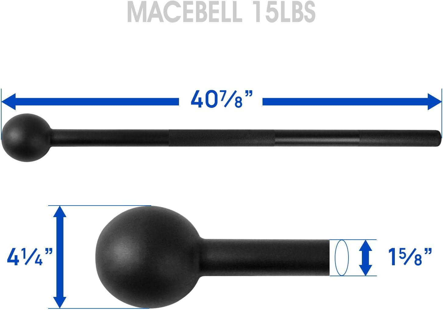 Black macebell with measurements on a white background