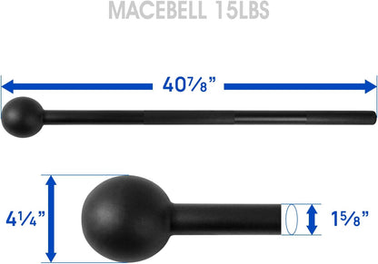 Black macebell with measurements on a white background