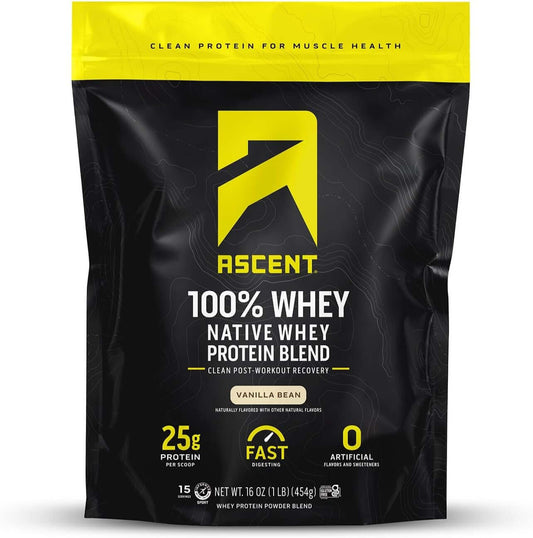 Ascent 100% Whey Protein Powder - Post Workout Whey Protein Isolate, Zero Artificial Flavors & Sweeteners, Gluten Free, 5.5G BCAA, 2.6G Leucine, Essential Amino Acids, Vanilla 1 Lb