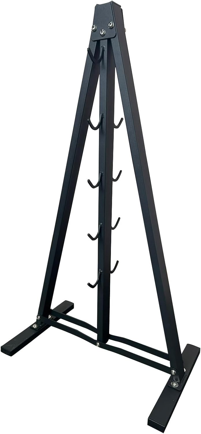 Black metal stand with multiple hooks on a white background