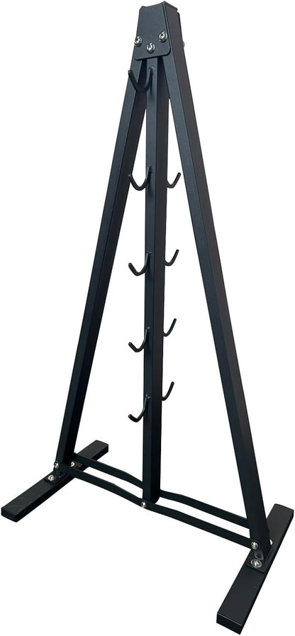 Black metal stand with multiple hooks on a white background