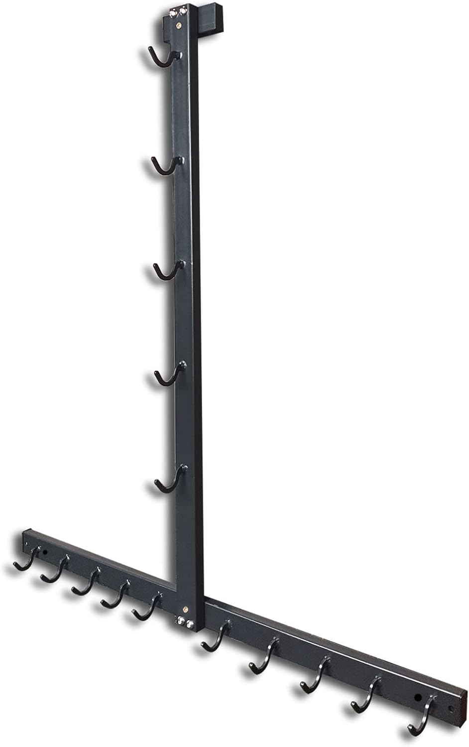 Wall-mounted metal hook rack with multiple hooks on a white background