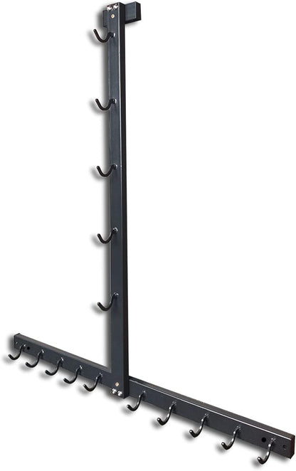 Wall-mounted metal hook rack with multiple hooks on a white background