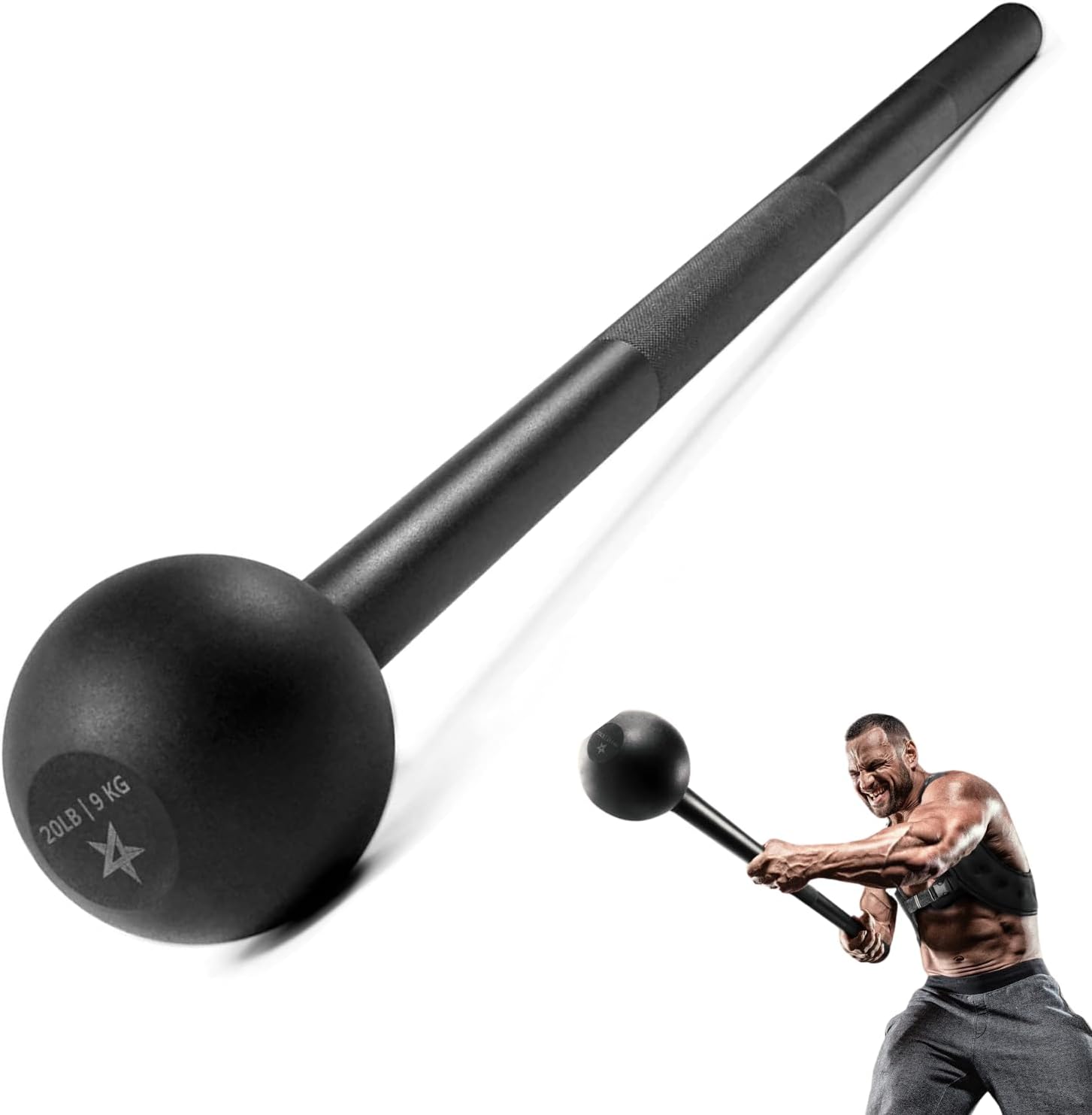 Black exercise ball with handle and a person using it on a white background