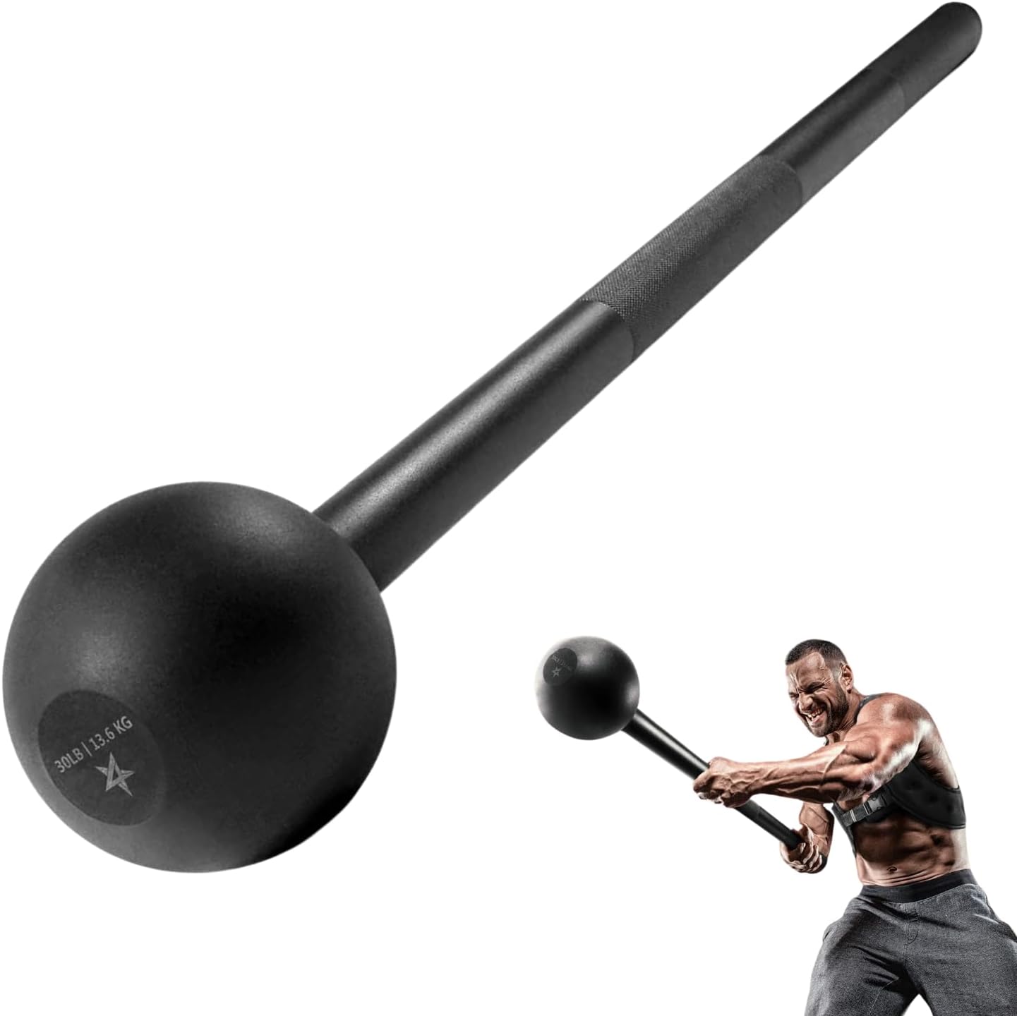 Black massage ball with a man using it on a white background