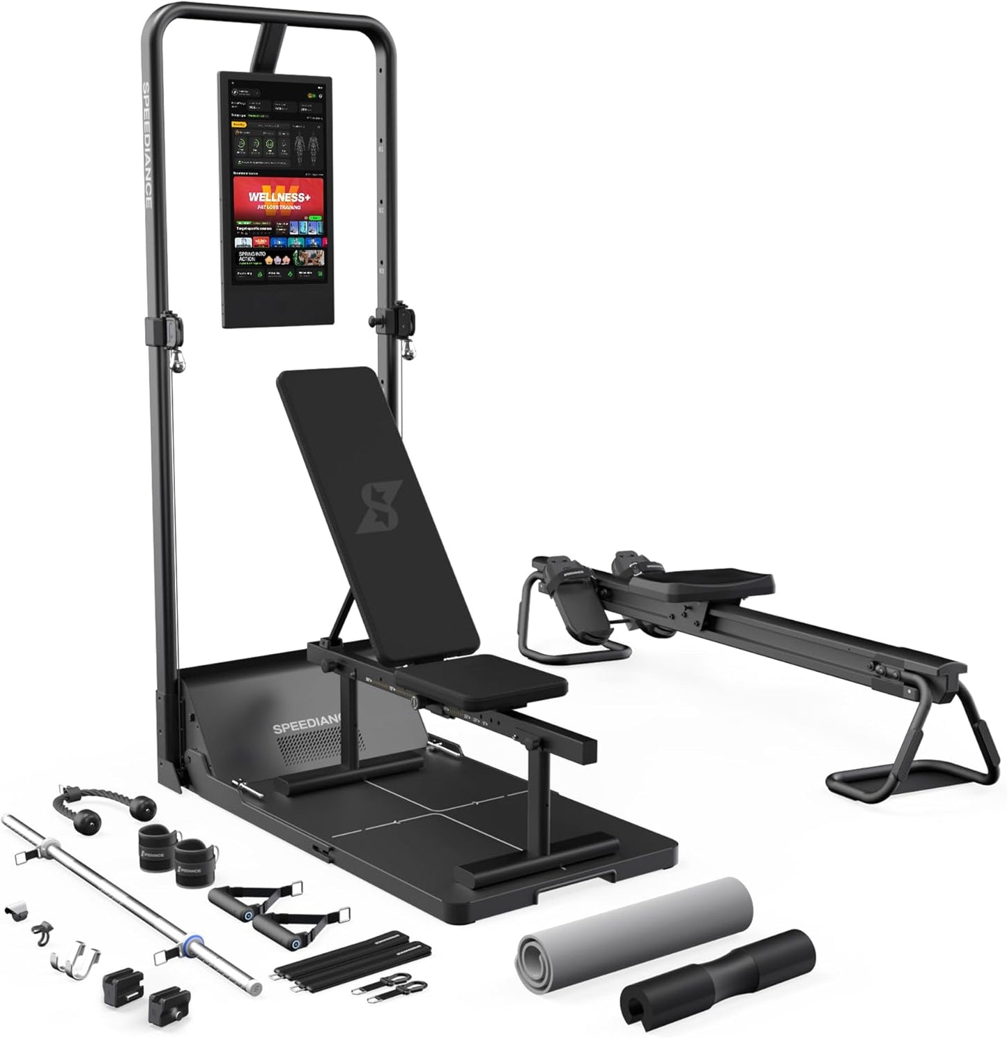 Multifunctional home gym with various attachments on a white background