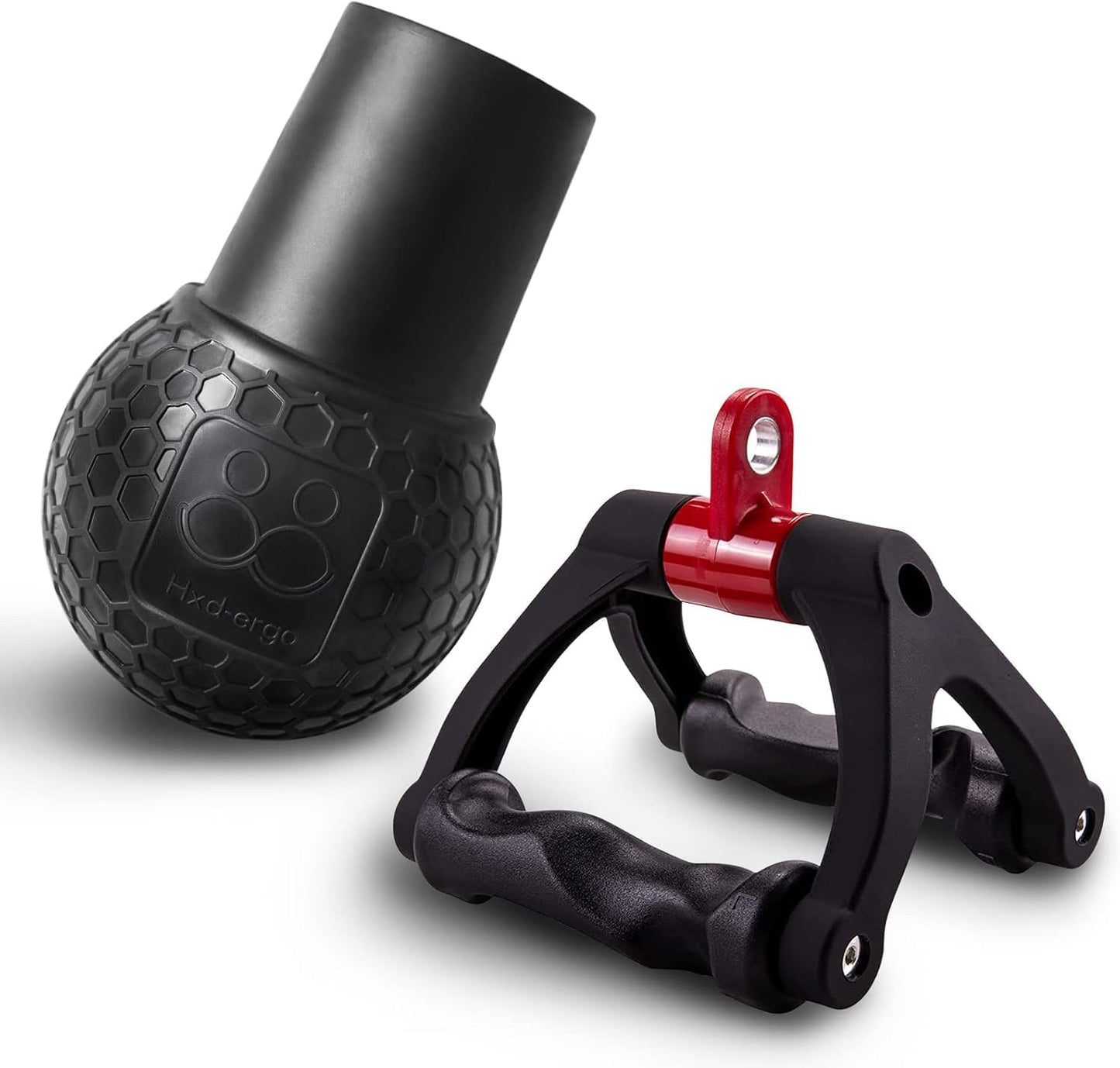 Black massage ball with textured surface and black and red holder on a white background