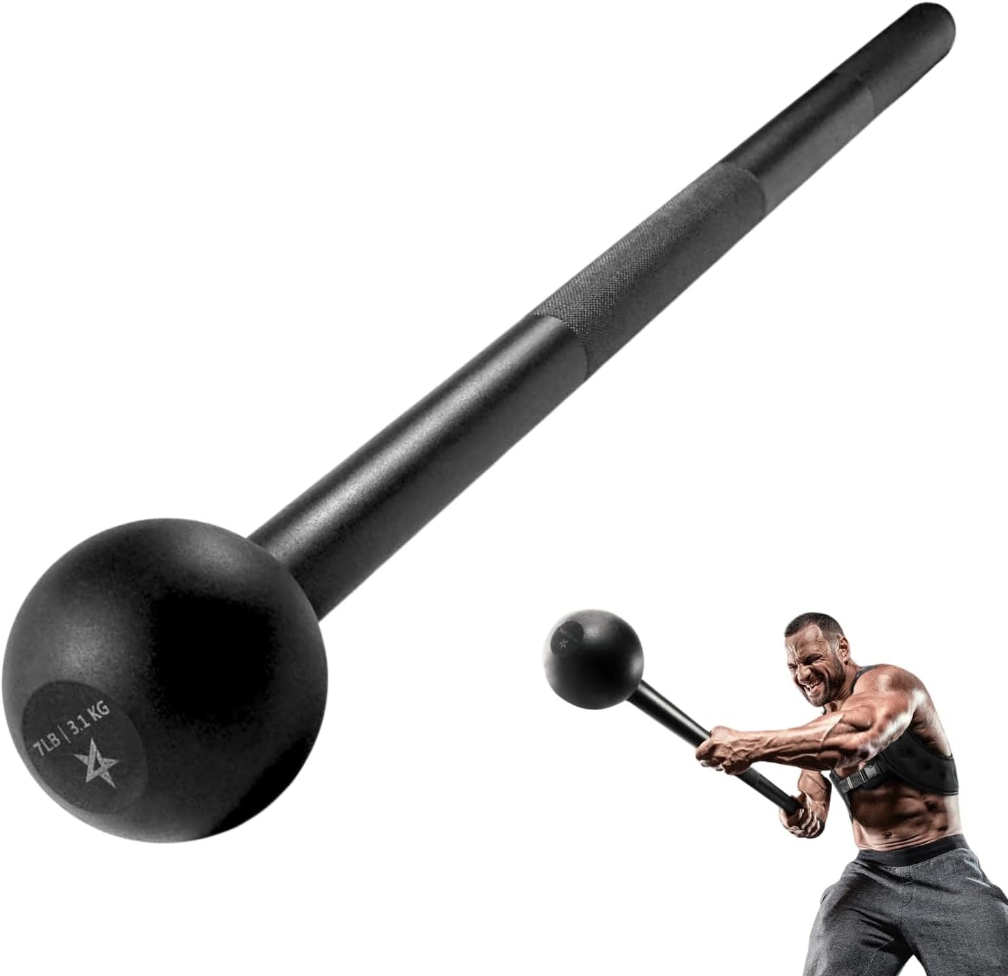 Black medicine ball with a man lifting weights on a white background