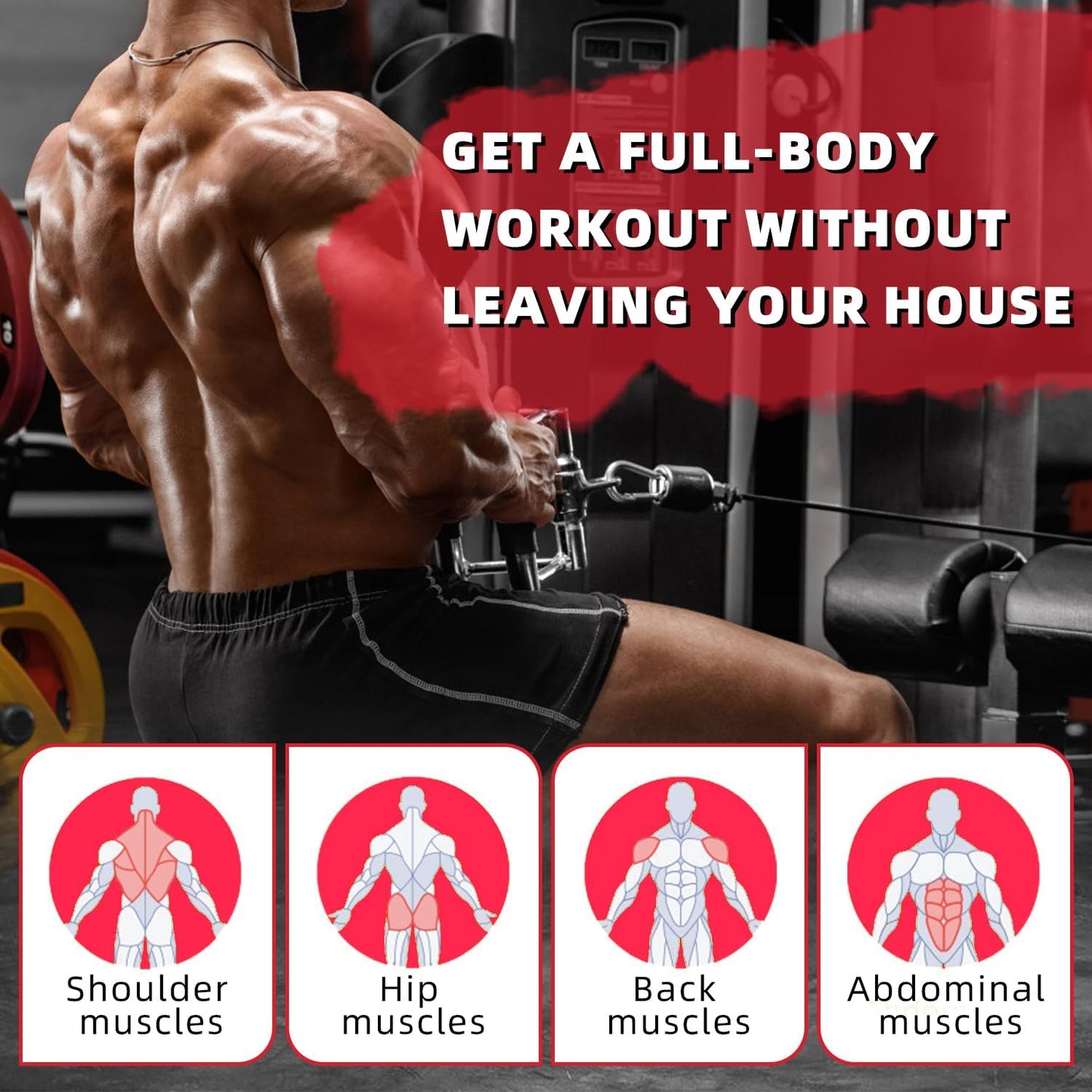 Person working out with gym equipment and text about full-body workouts at home.