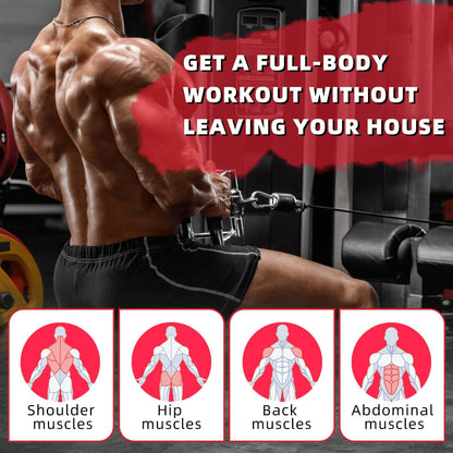 Person working out with gym equipment and text about full-body workouts at home.