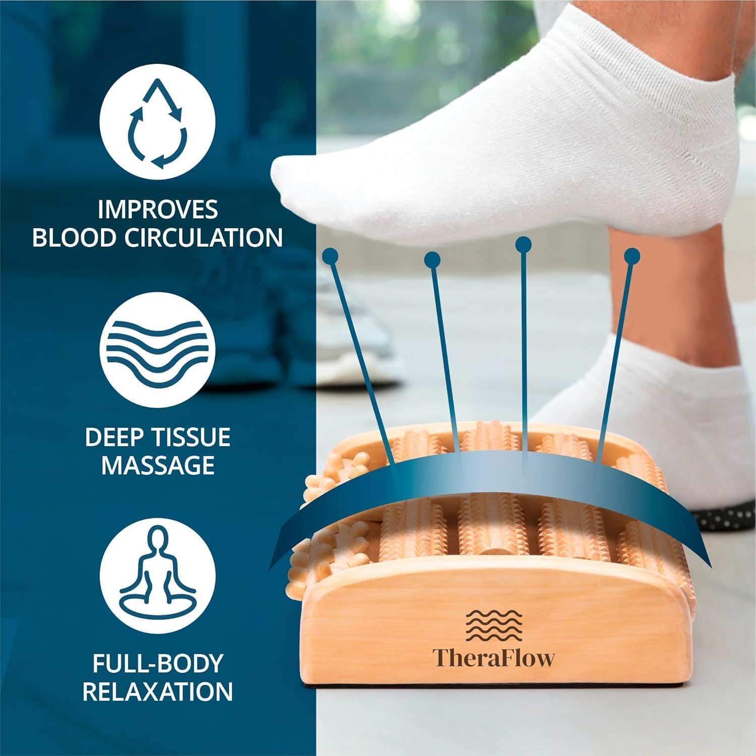 Theraflow Foot Massager for Neuropathy & Plantar Fasciitis Relief - Mom Gifts for Women & Gifts for Dad, Wooden Foot Roller Massager, Neuropathy Pain Relief for Feet (Includes Reflexology Chart)