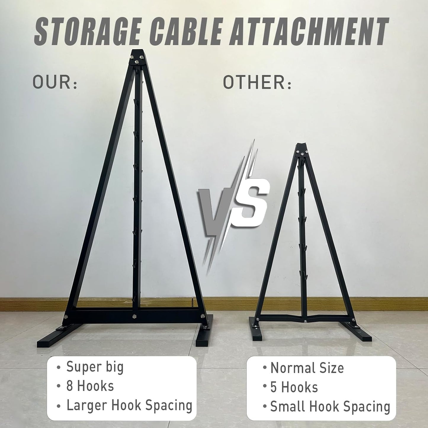 Triangle A-frame design of the Lat Pull Down Bar Storage Rack for stability.
