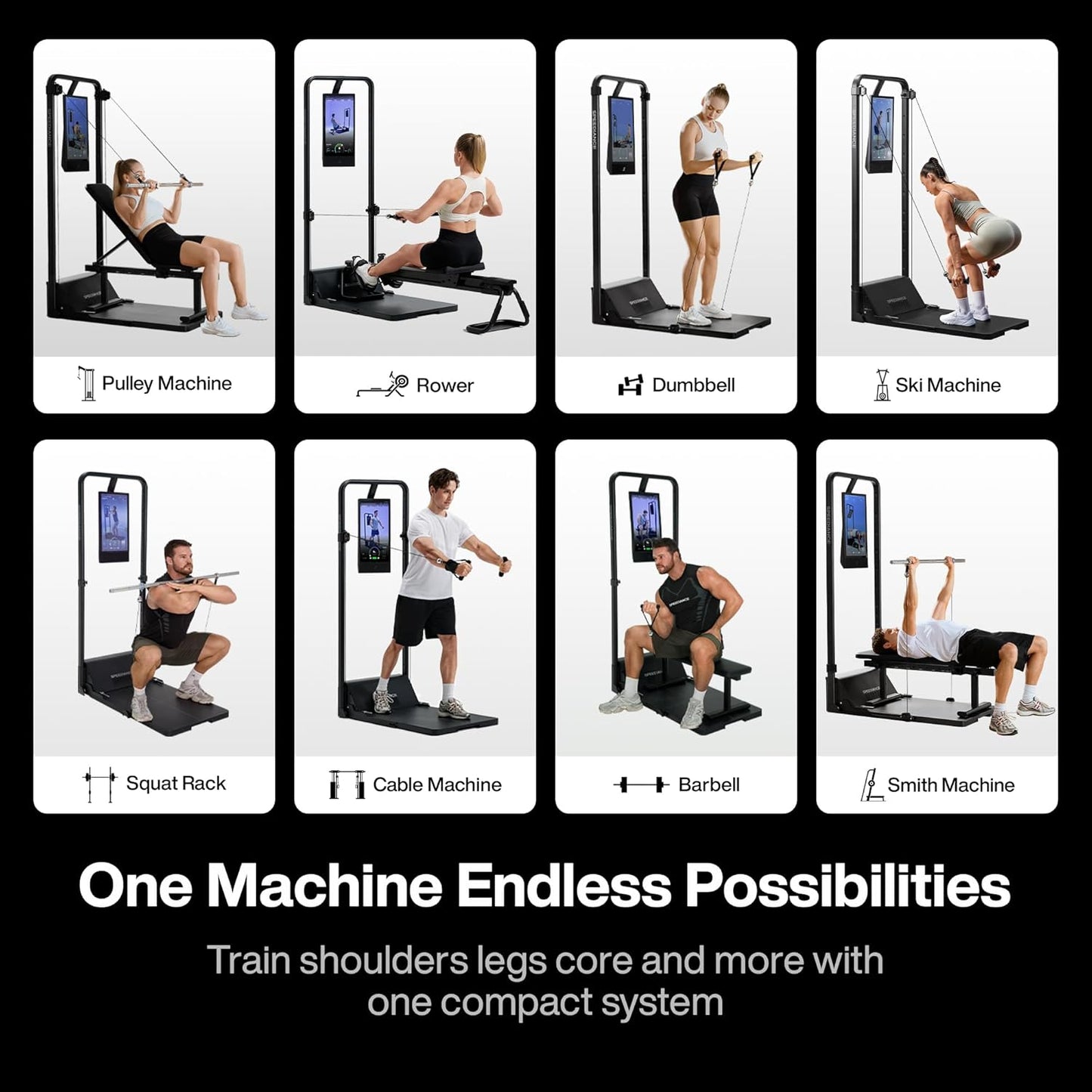 Fitness equipment set with various machines and users demonstrating their use, featuring text 'One Machine Endless Possibilities'.