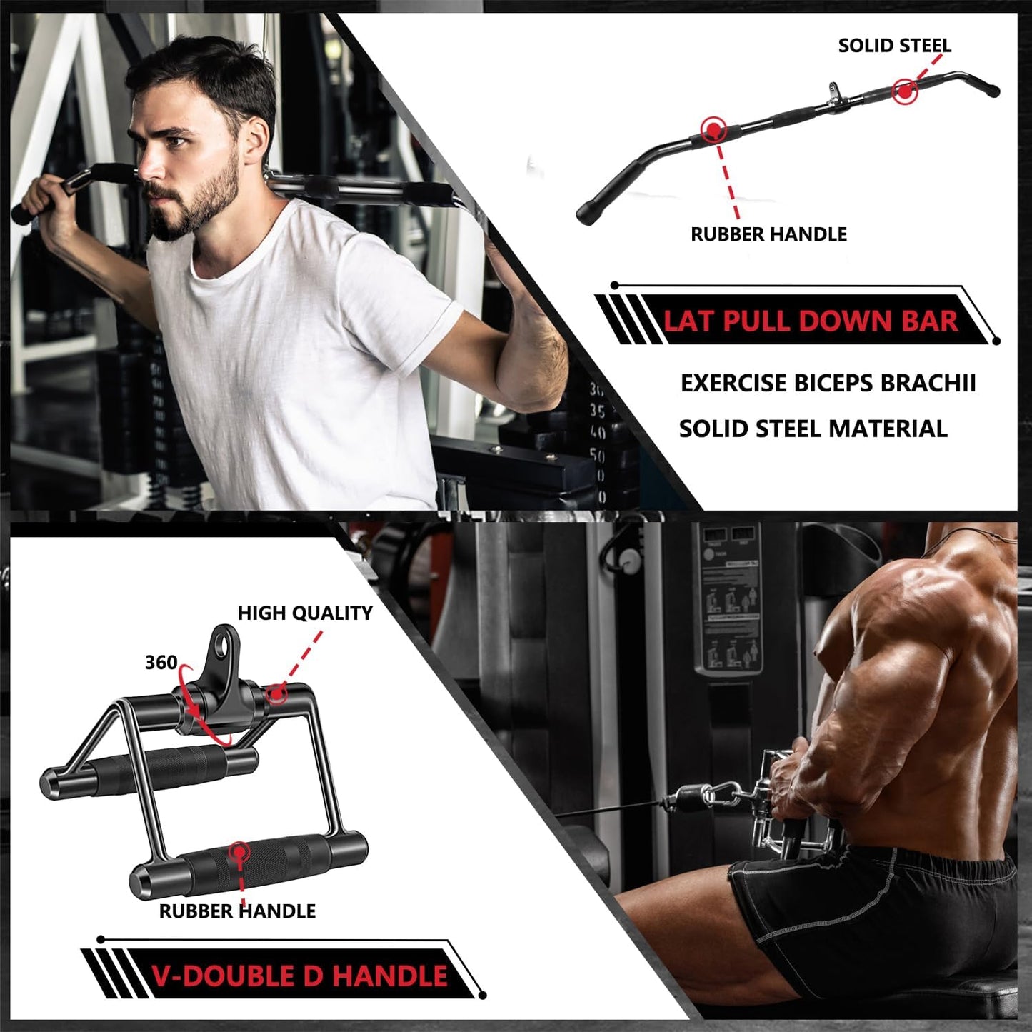 Man using a lat pull down bar with product details on a white background