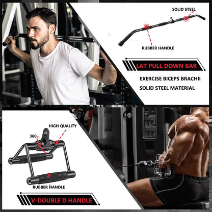 Man using a lat pull down bar with product details on a white background