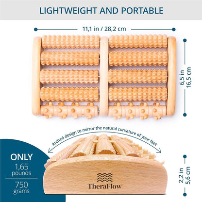 Theraflow Foot Massager for Neuropathy & Plantar Fasciitis Relief - Mom Gifts for Women & Gifts for Dad, Wooden Foot Roller Massager, Neuropathy Pain Relief for Feet (Includes Reflexology Chart)