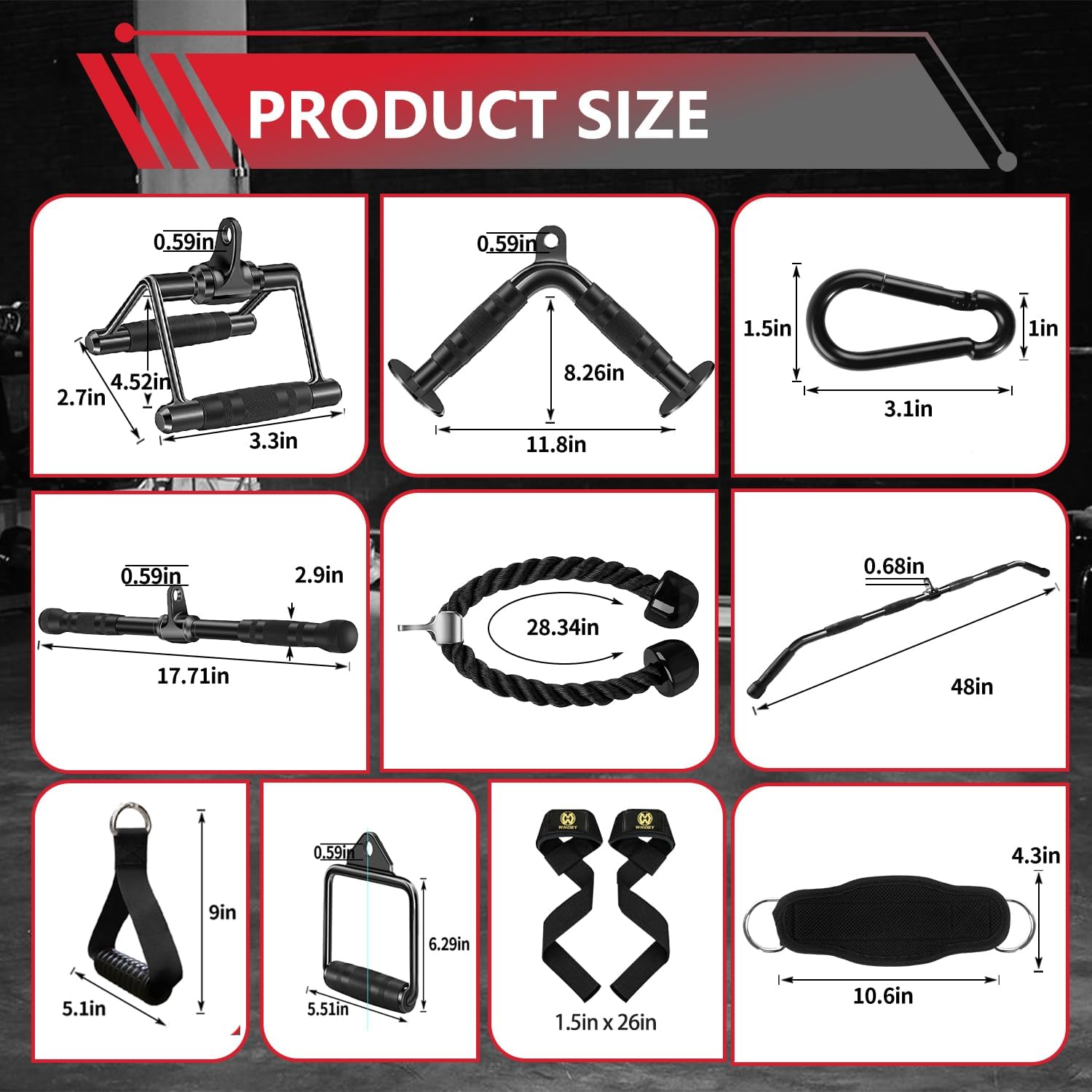 Product size chart with various fitness equipment components and their dimensions.