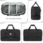 Black duffel bag with various views showing features like movable dividers and straps.