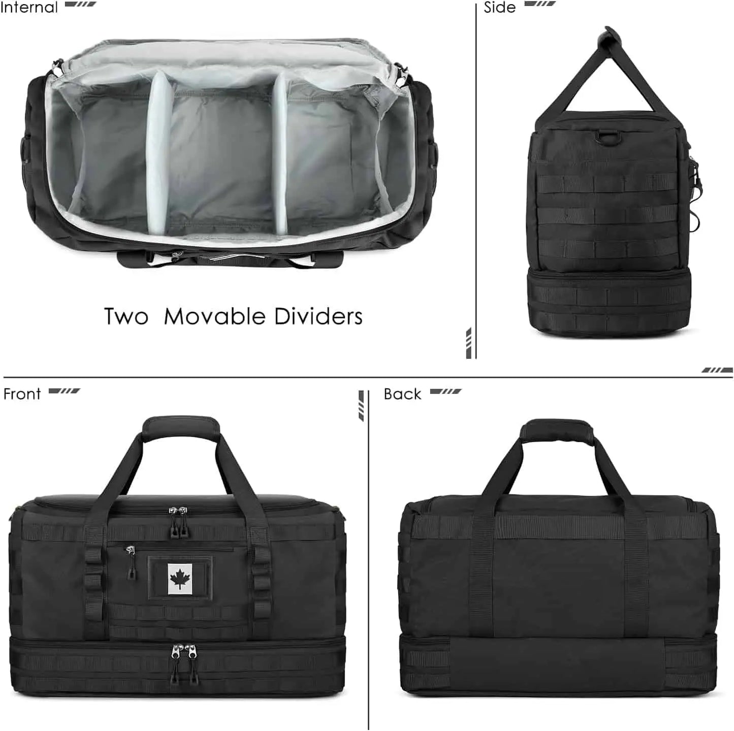 Black duffel bag with various views showing features like movable dividers and straps.