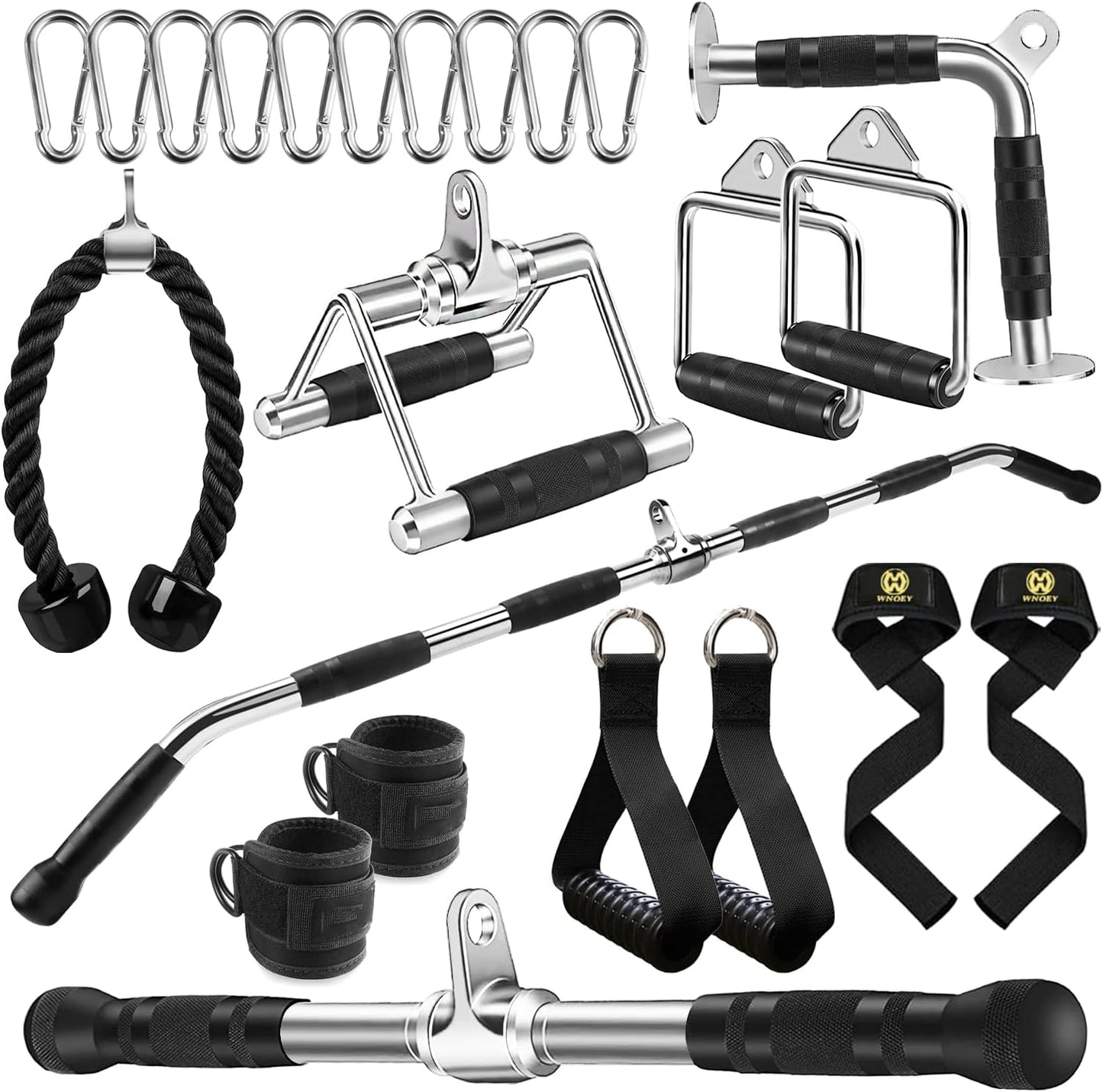 Collection of fitness tools including resistance bands, handles, and cups on a white background