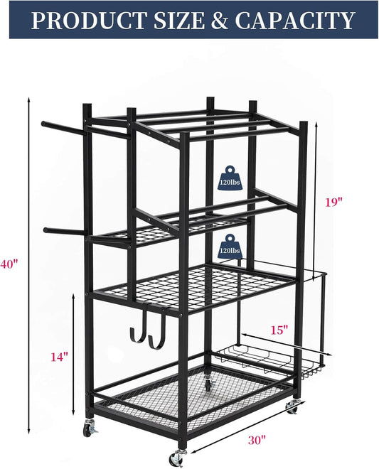 Rolling Dumbbell Rack with Yoga Mat Holder and Storage Hooks