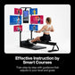 Woman using a rowing machine with screens displaying workout videos on a white background.
