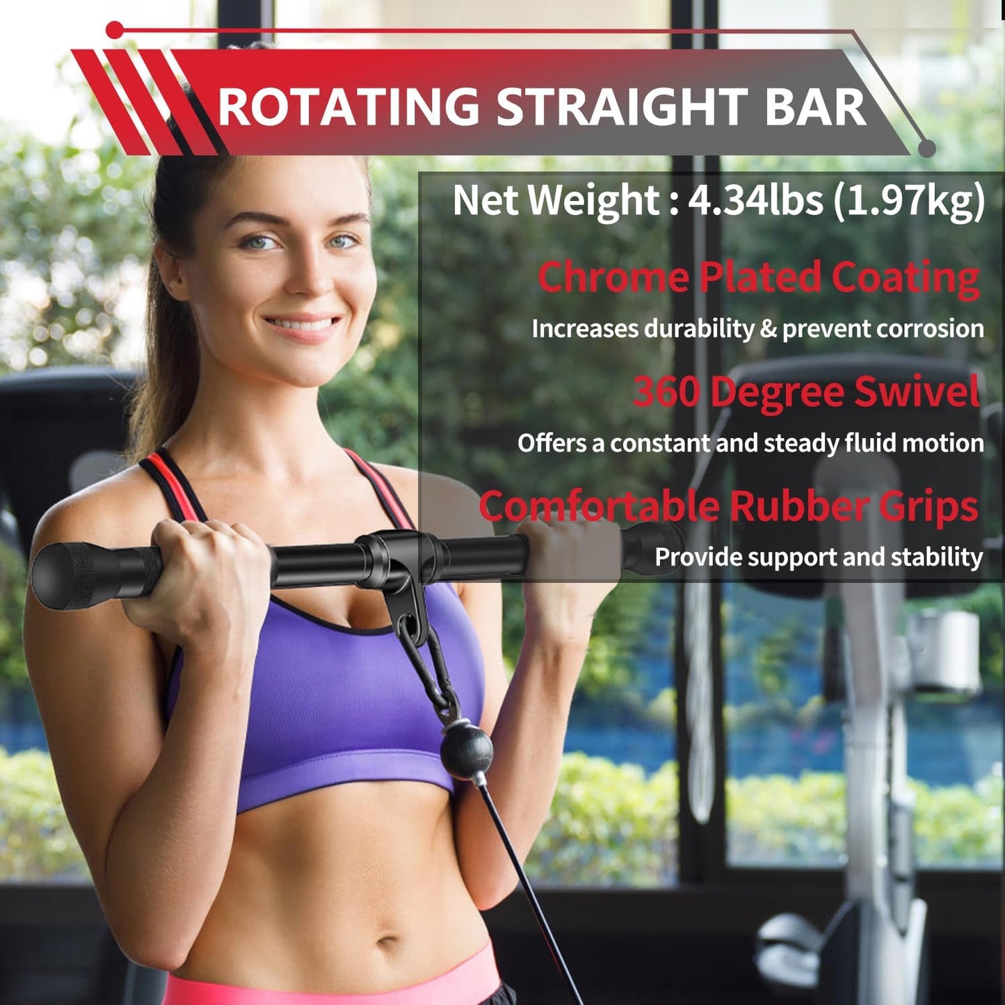 Woman holding a rotating straight bar with product features displayed on screen