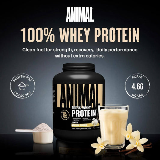 Animal 100% Whey Protein Powder – Whey Blend for Pre Workout or Post Workout, Recovery, or an Anytime Low Sugar Protein Boost Meal Replacement with BCAA Branched Chain Amino Acids – Vanilla, 4 Lb