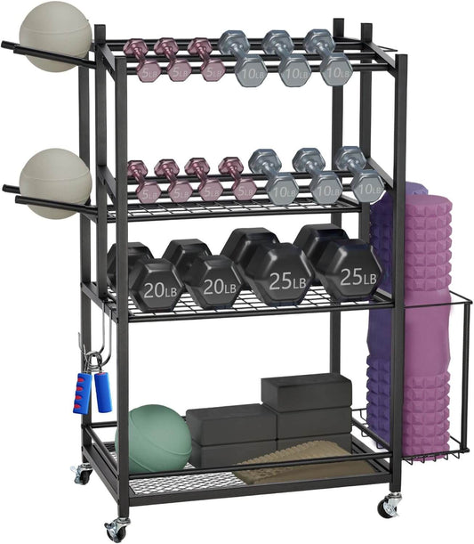 Rolling Dumbbell Rack with Yoga Mat Holder and Storage Hooks