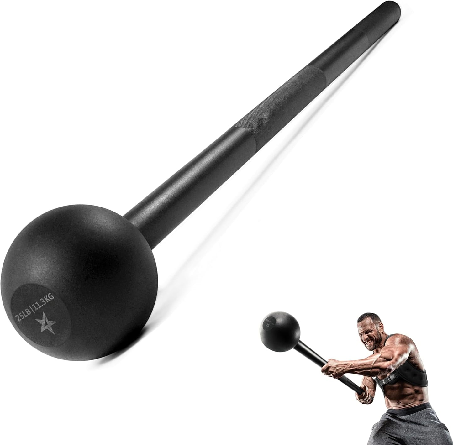 Black massage ball with a man using it on a white background