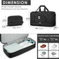 Black travel duffel bag with dimensions and shoe compartment features on a white background
