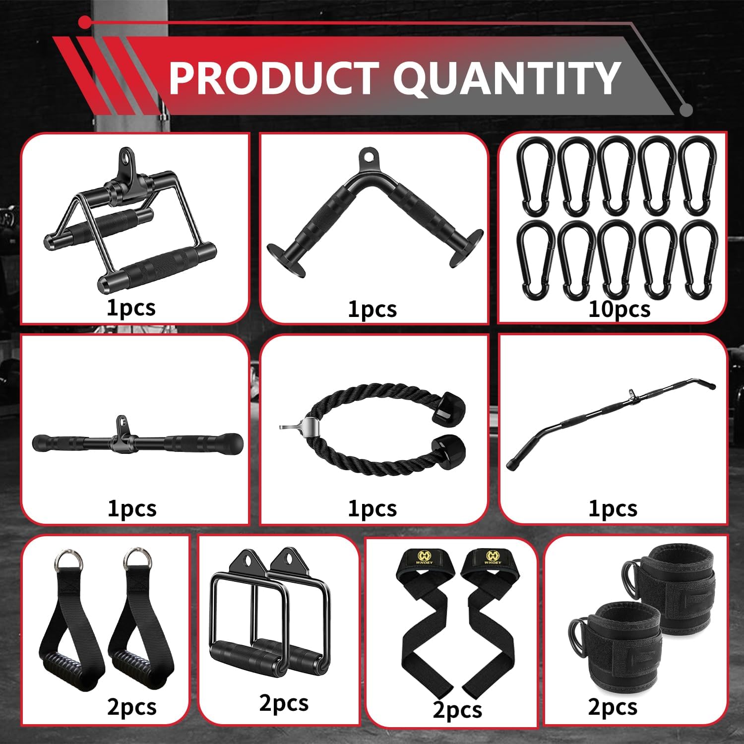 Product quantity chart with various fitness equipment pieces on a black background