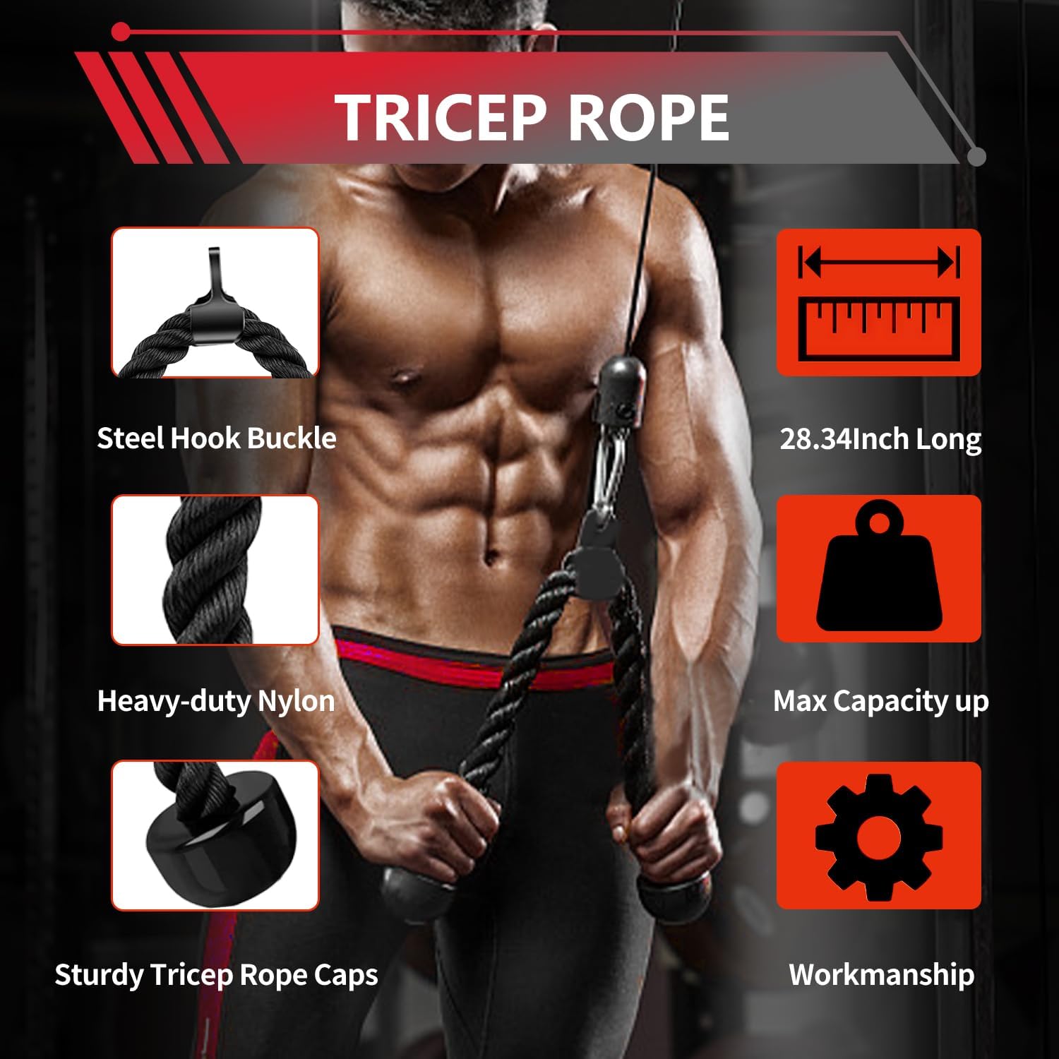 Tricep rope with fitness man and product features on a dark background