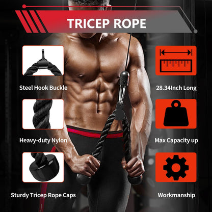 Tricep rope with fitness man and product features on a dark background