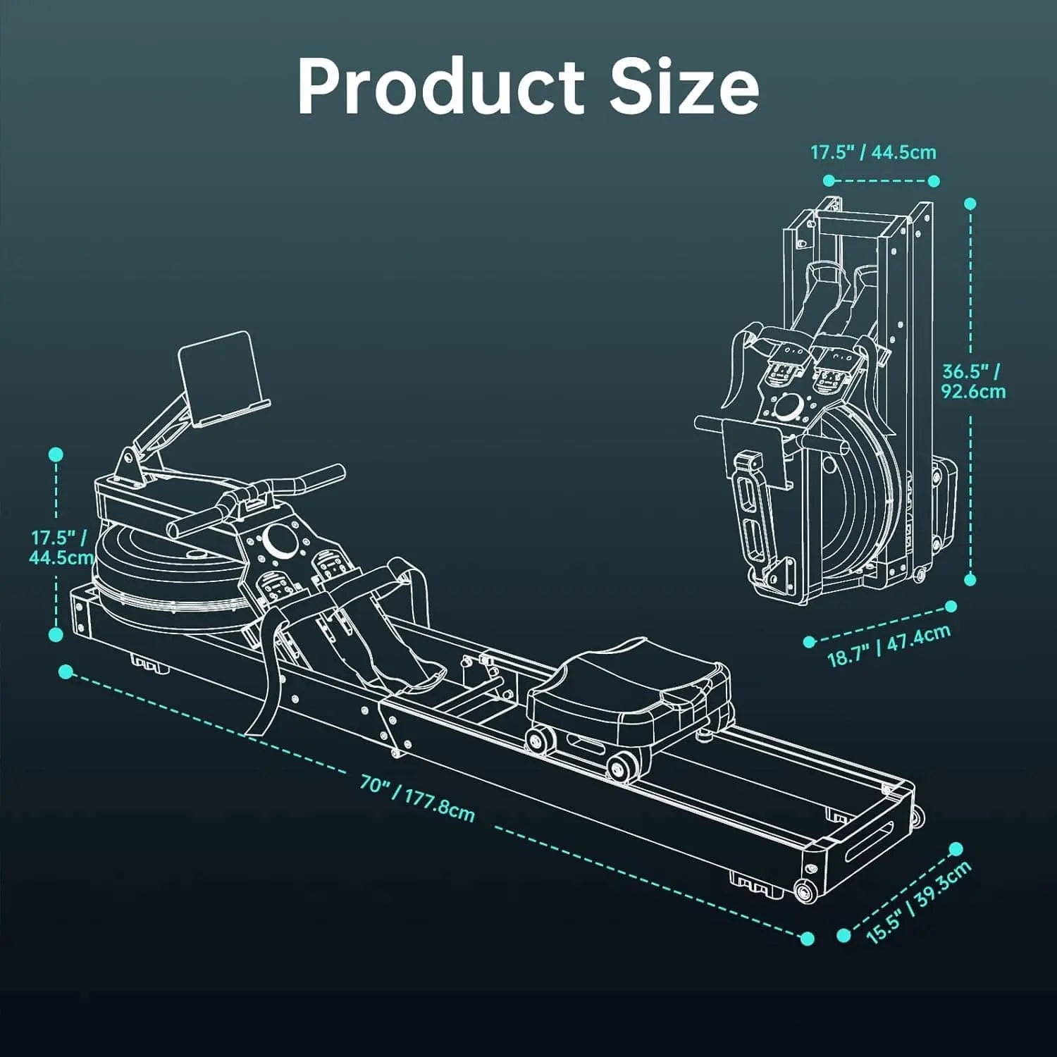 Measurement chart of a piece of exercise equipment with dimensions labeled.