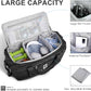 Open suitcase with various items and text highlighting large capacity and features.