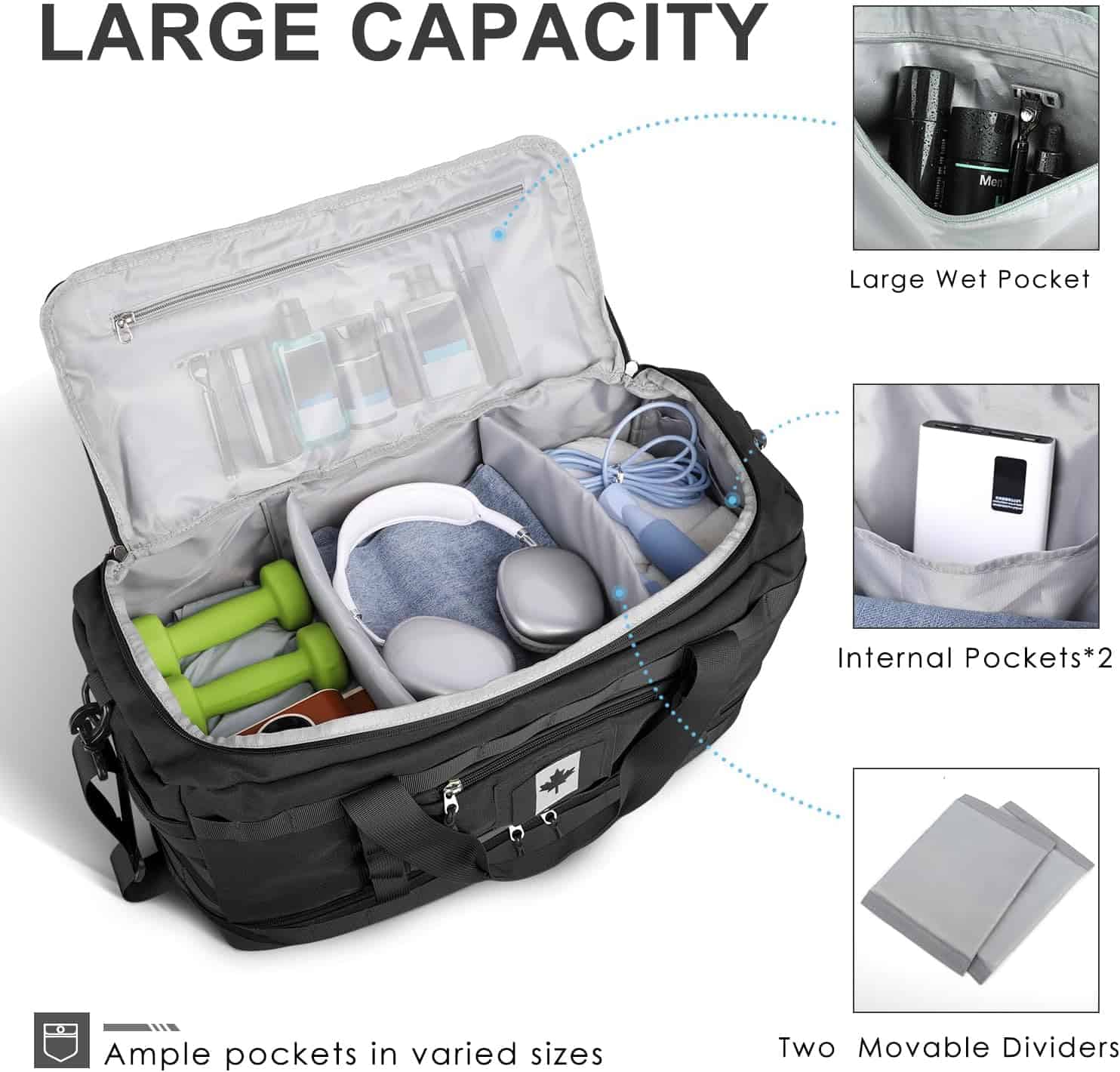 Open suitcase with various items and text highlighting large capacity and features.