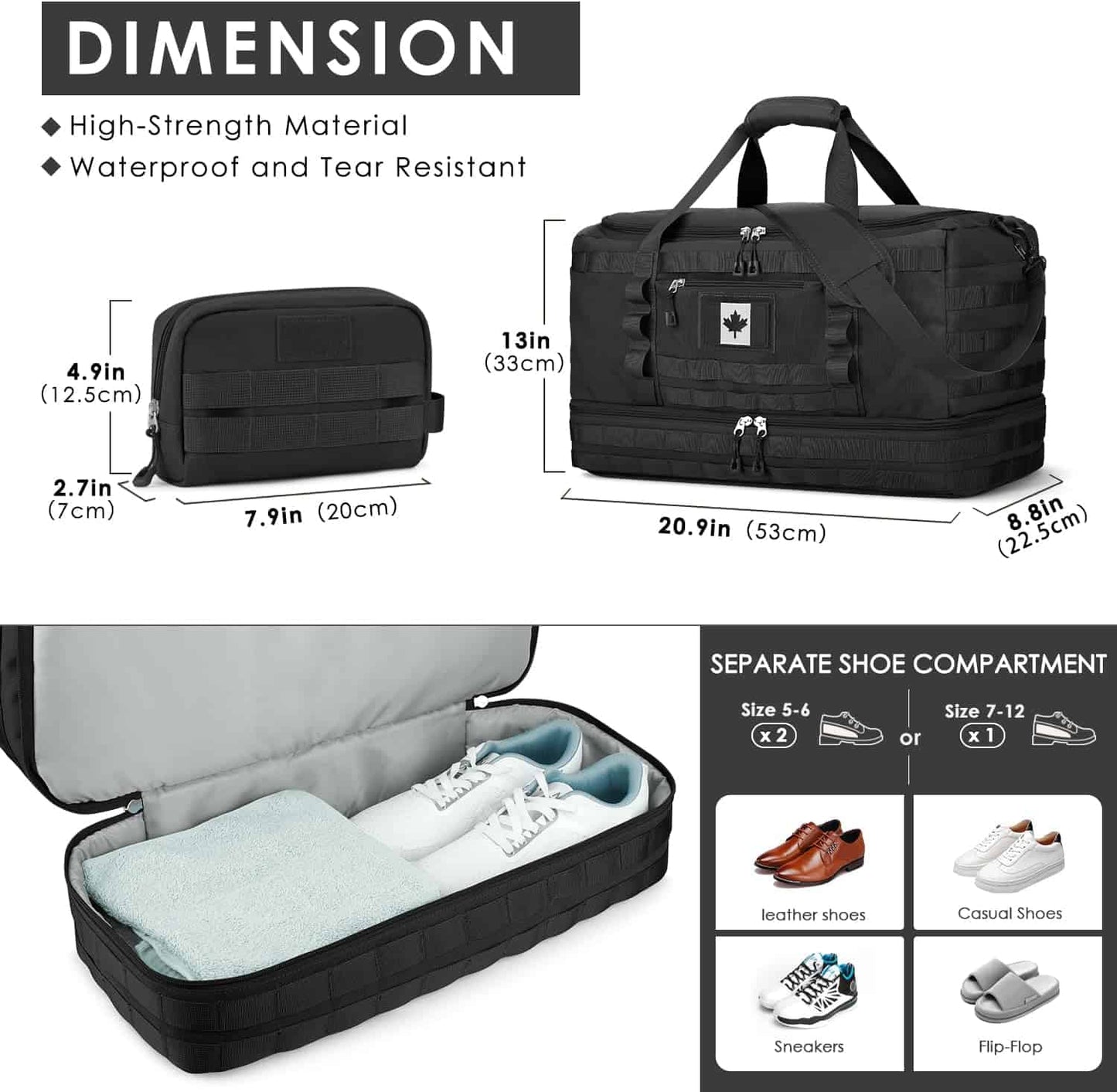 Black travel duffel bag with dimensions and shoe compartment features on a white background